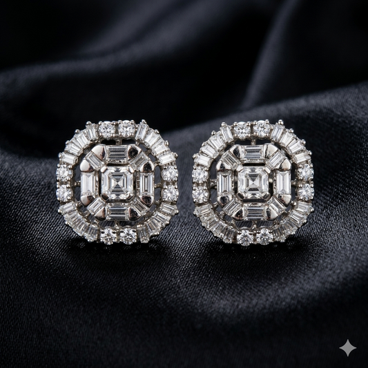Round And Baguette Cut Stones Studs