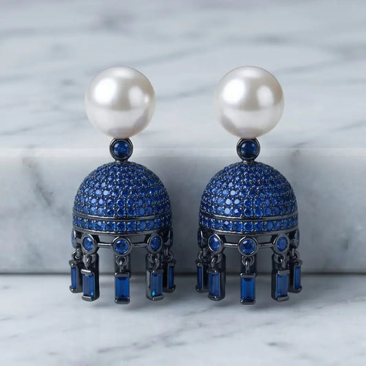 Pearl and Blue Stone Jhumkas