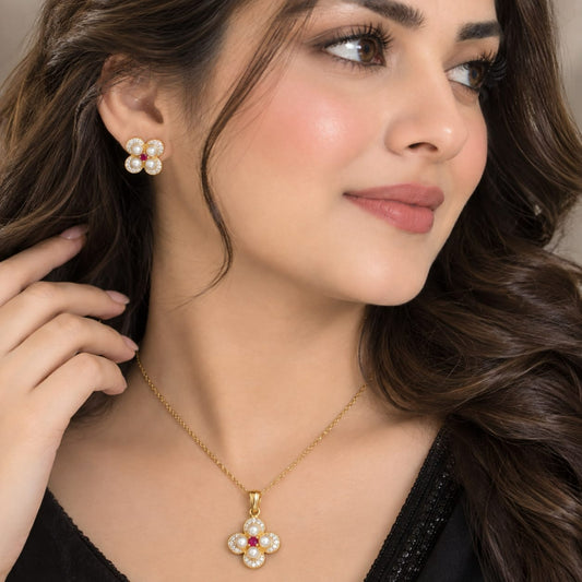 Pearl & Ruby Four-Leaf Clover pendant set