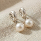 Brushed Silver Pearl Drop Huggie Earrings