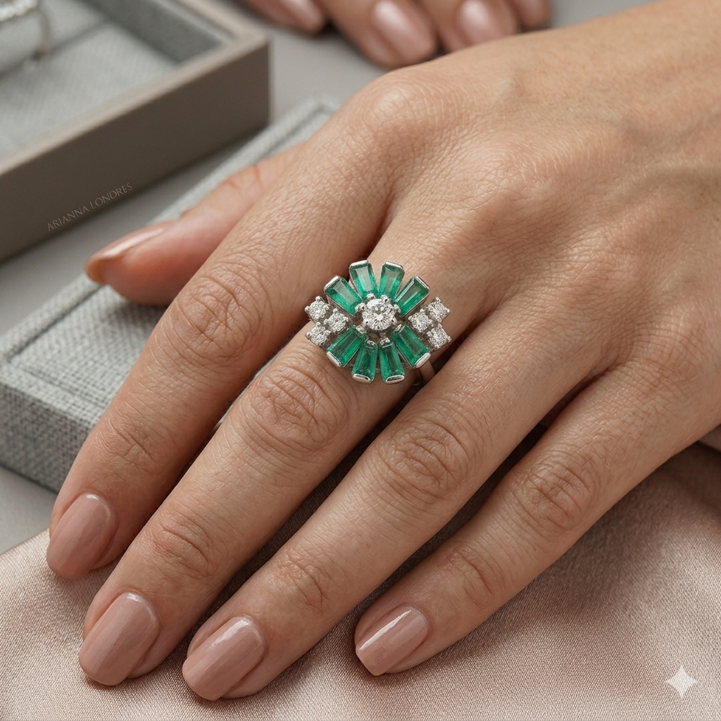 Emerald Floral Sunburst Ring