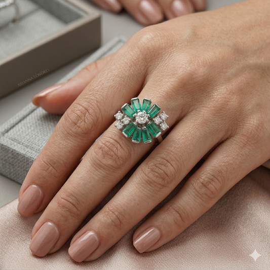 Emerald Floral Sunburst Ring