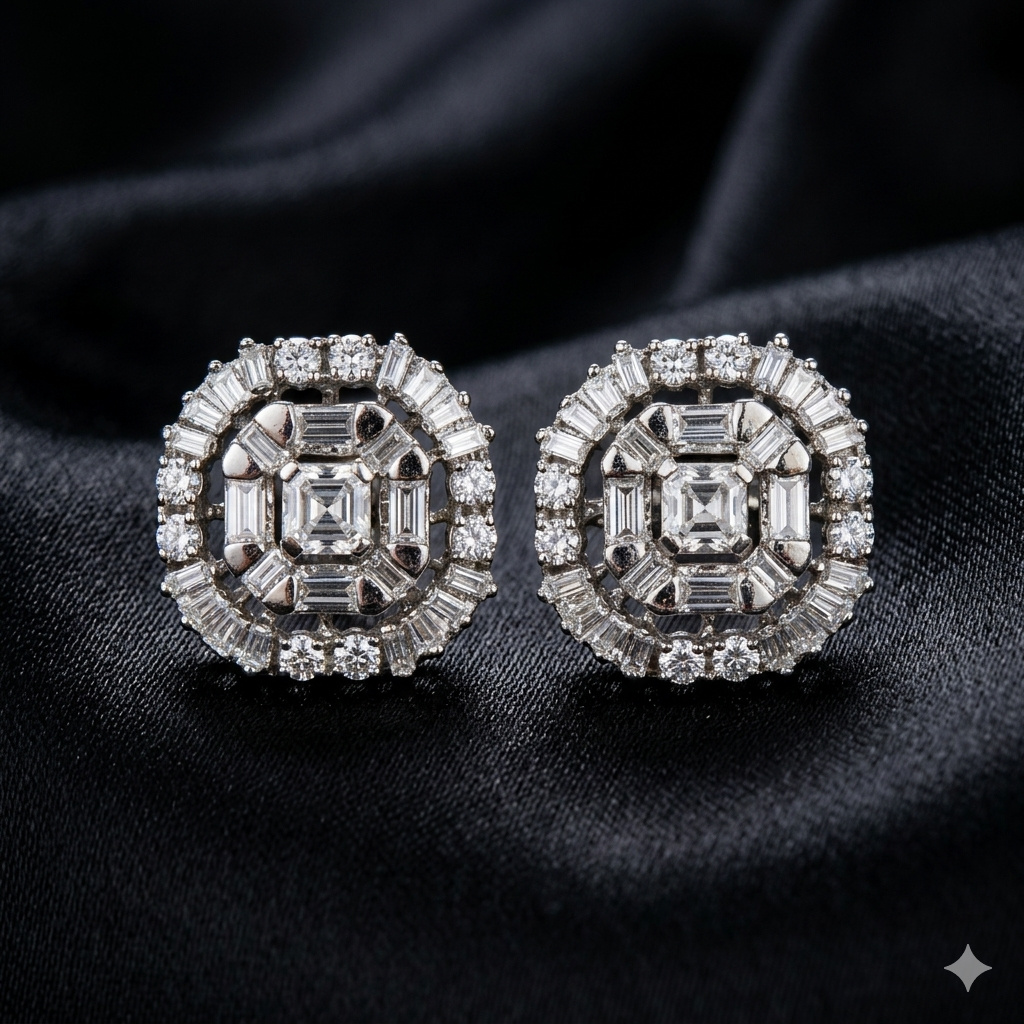 Round And Baguette Cut Stones Studs
