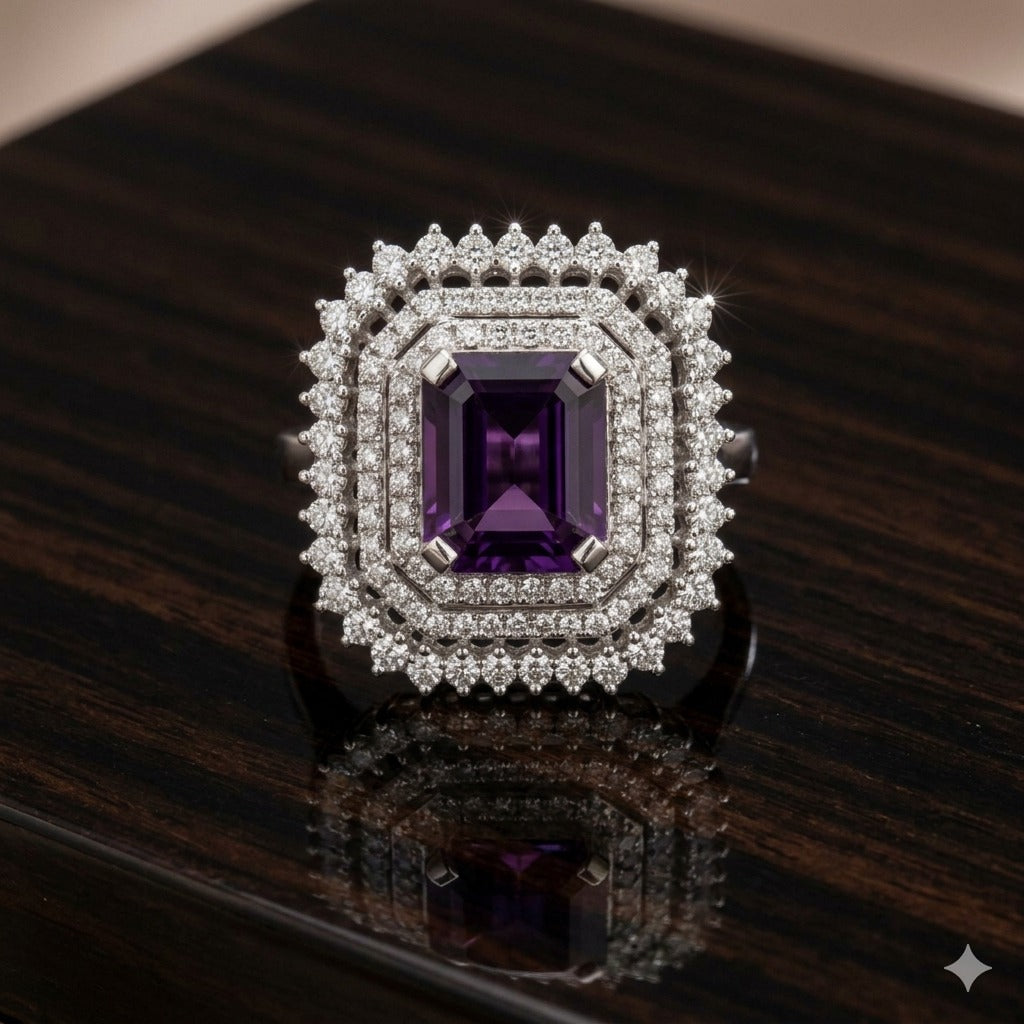 Double Halo Amethyst Ring