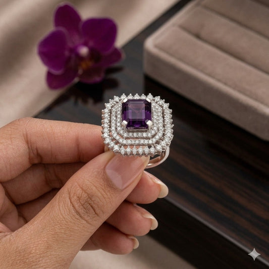 Double Halo Amethyst Ring