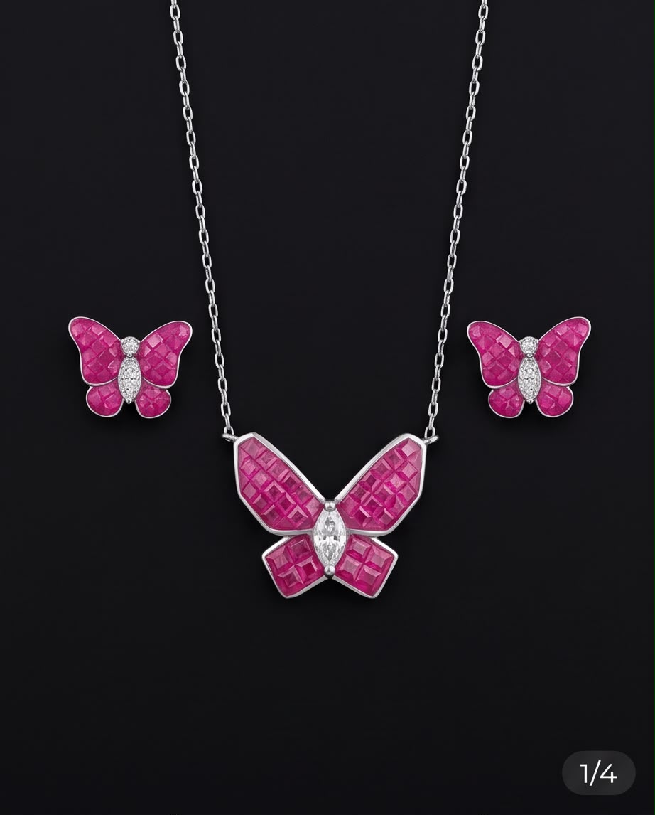 Magenta Butterfly Zircon Jewelry Set