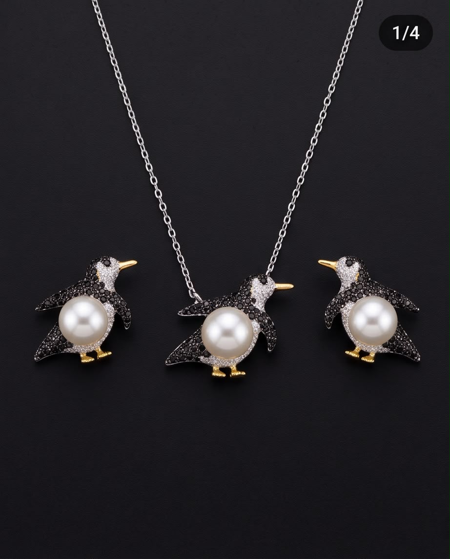 Whimsical Penguin Pearl & Zircon Jewelry Set