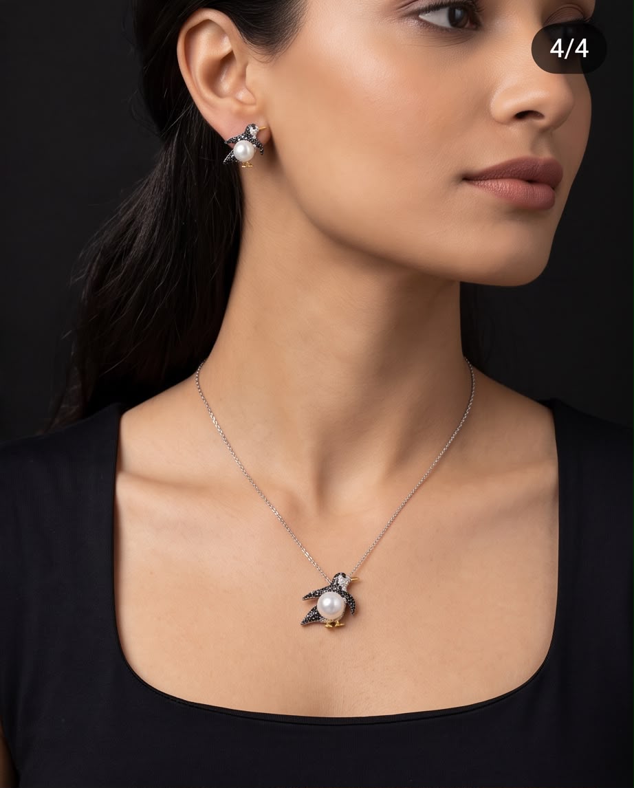 Whimsical Penguin Pearl & Zircon Jewelry Set