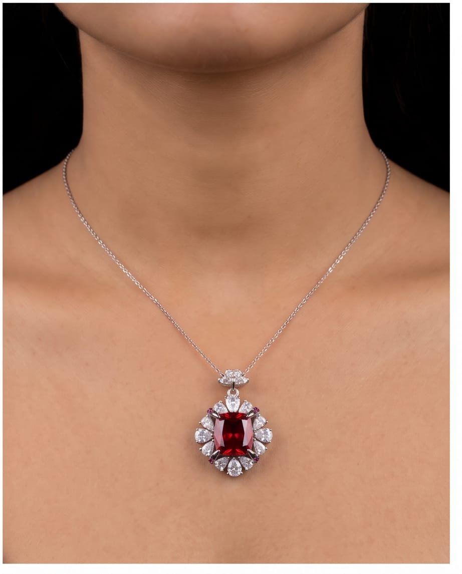 Royal Ruby Bloom Pendant & Earrings Set