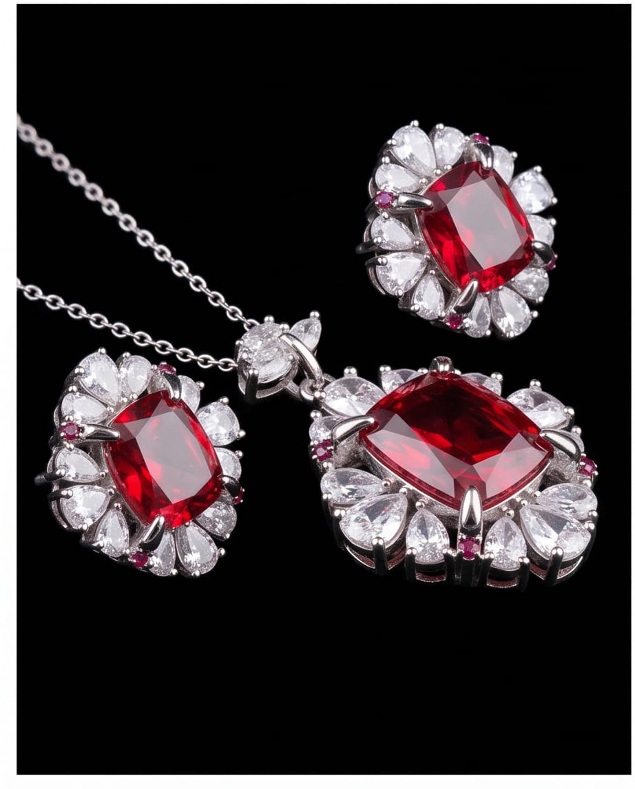 Royal Ruby Bloom Pendant & Earrings Set