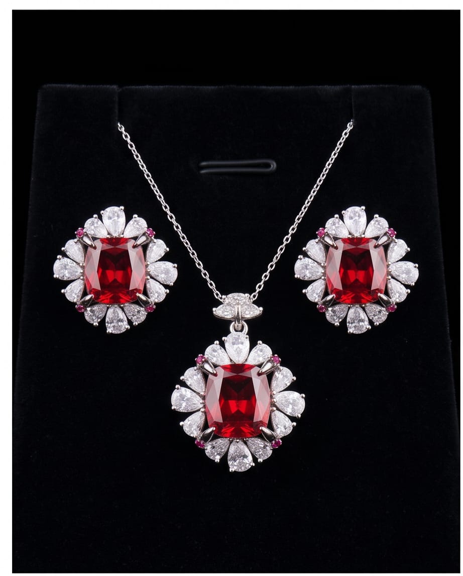 Royal Ruby Bloom Pendant & Earrings Set