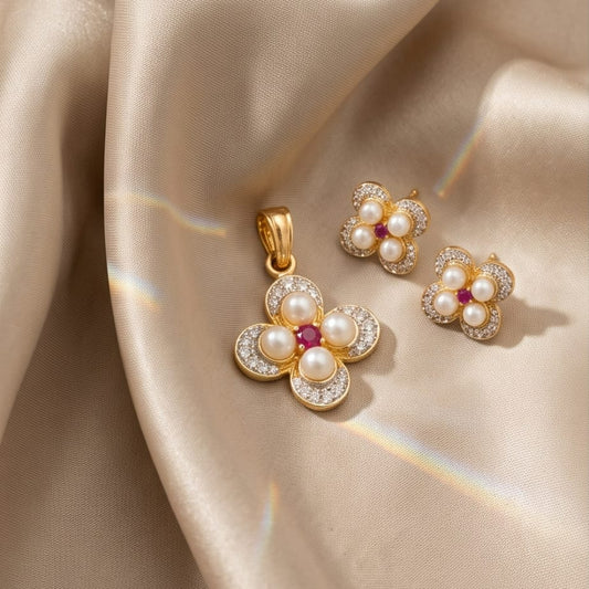 Pearl & Ruby Four-Leaf Clover pendant set