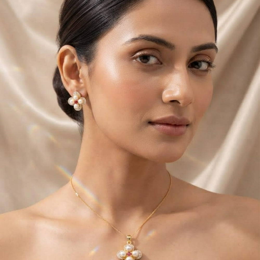 Pearl & Ruby Four-Leaf Clover pendant set