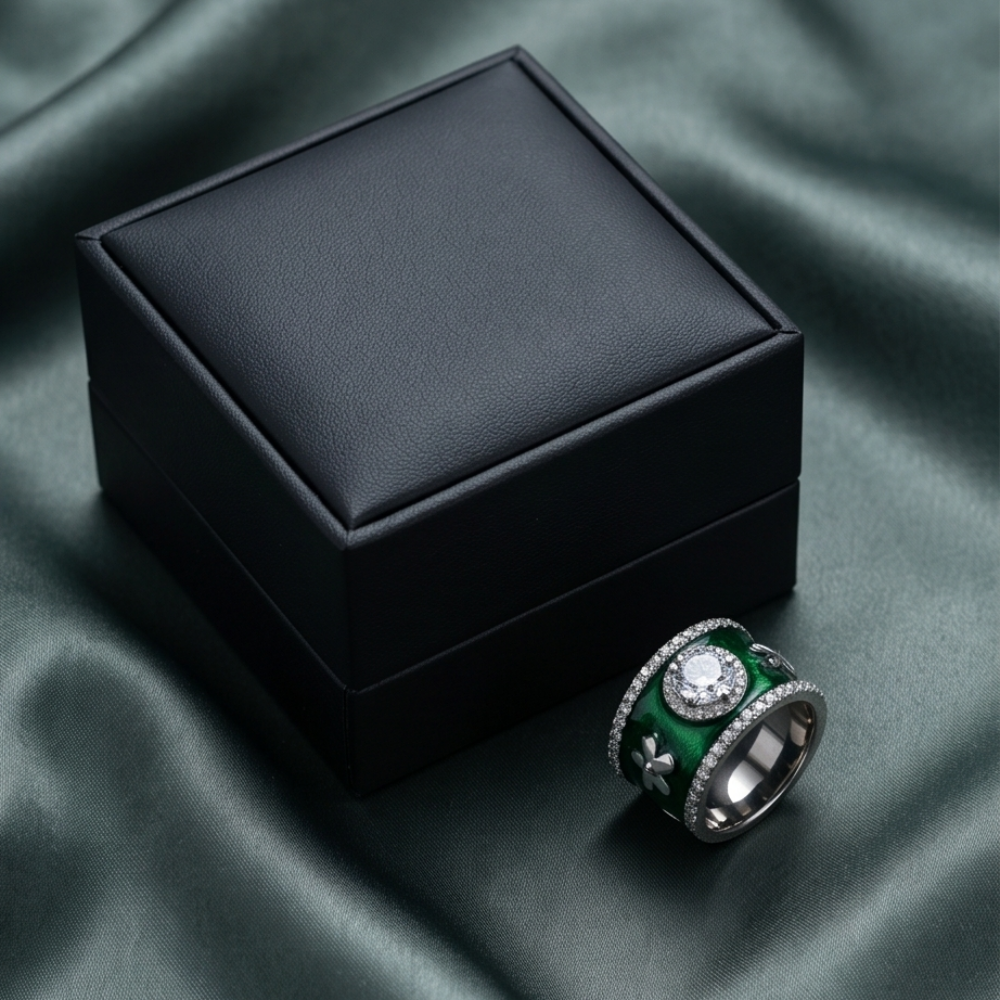 Green Meenakari Clover Band Ring