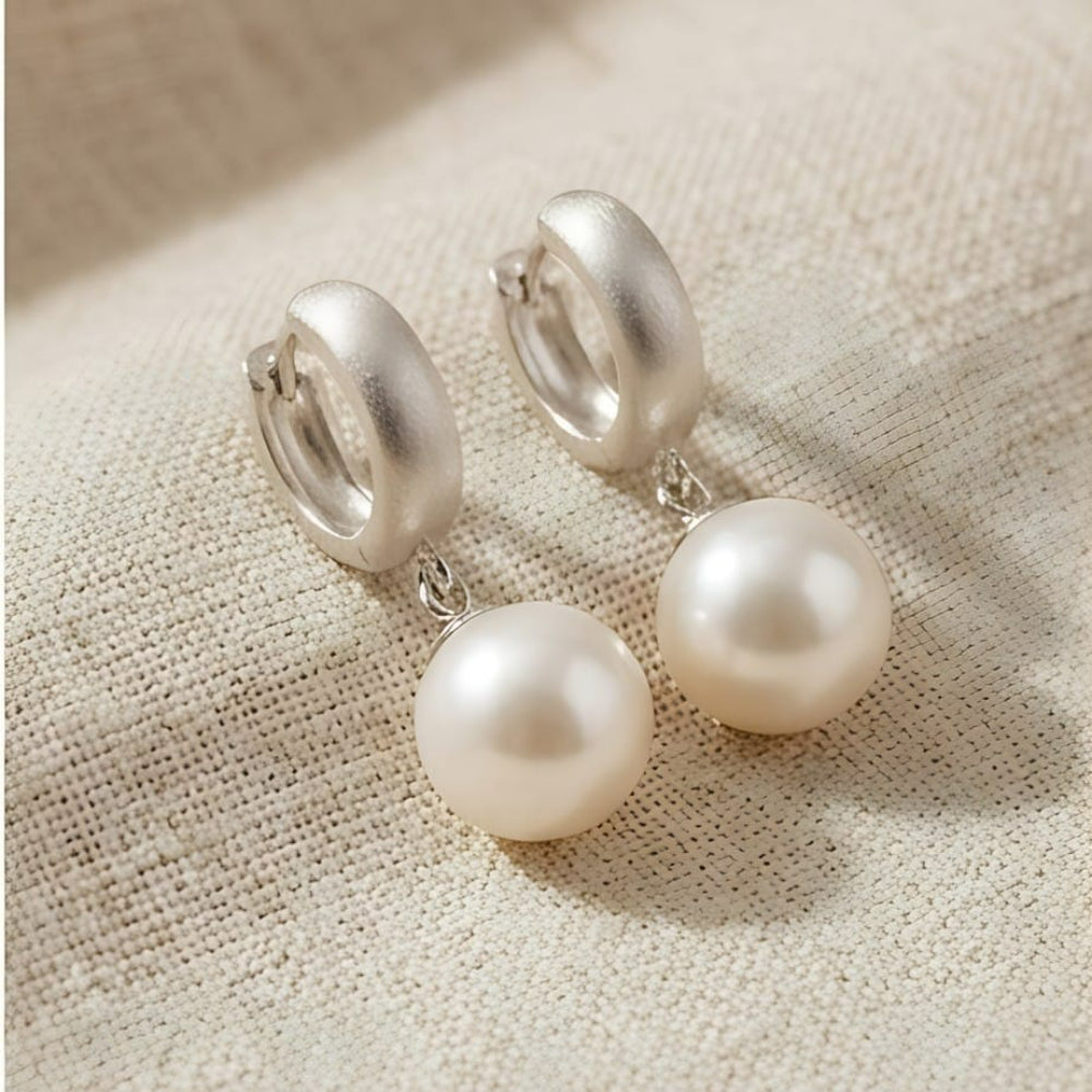 Brushed Silver Pearl Drop Huggie Earrings